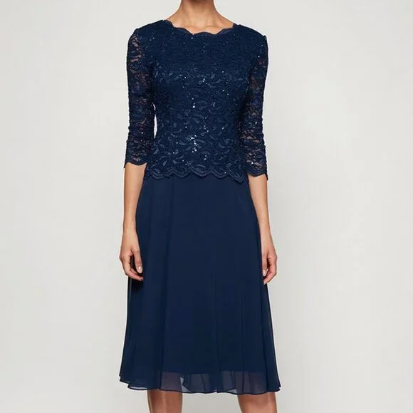 alex evenings lace bodice dress Alex Evenings Boat Neck 3/4 Sleeve Embellished Lace Bodice Zipper Back  Solid Tea-Length Lace & Chiffon Dress